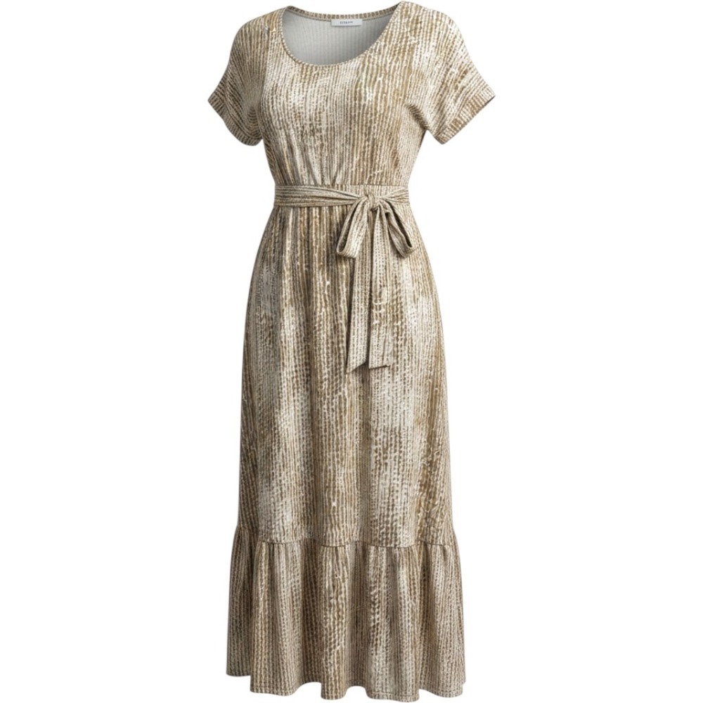 New Directions Tan Cream Abstract‎ Stripe Maxi Dress Short Sleeve Belted Medium